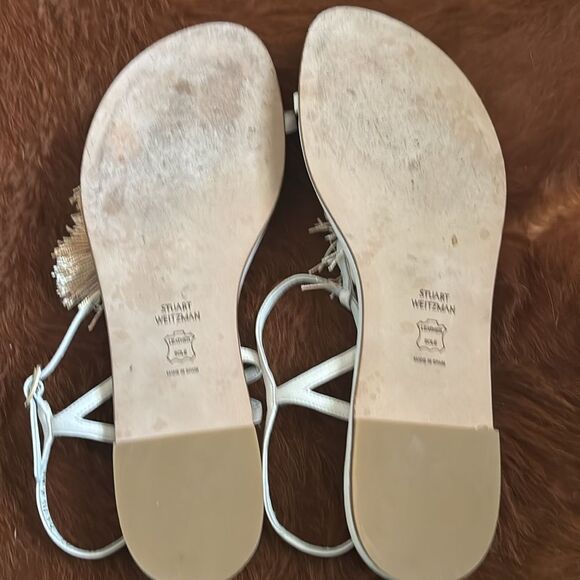 Stuart Weitzman Jabow Flat Tassel Pom Pom Sandals Nude Leather Womens Size 10 M - Picture 5 of 7